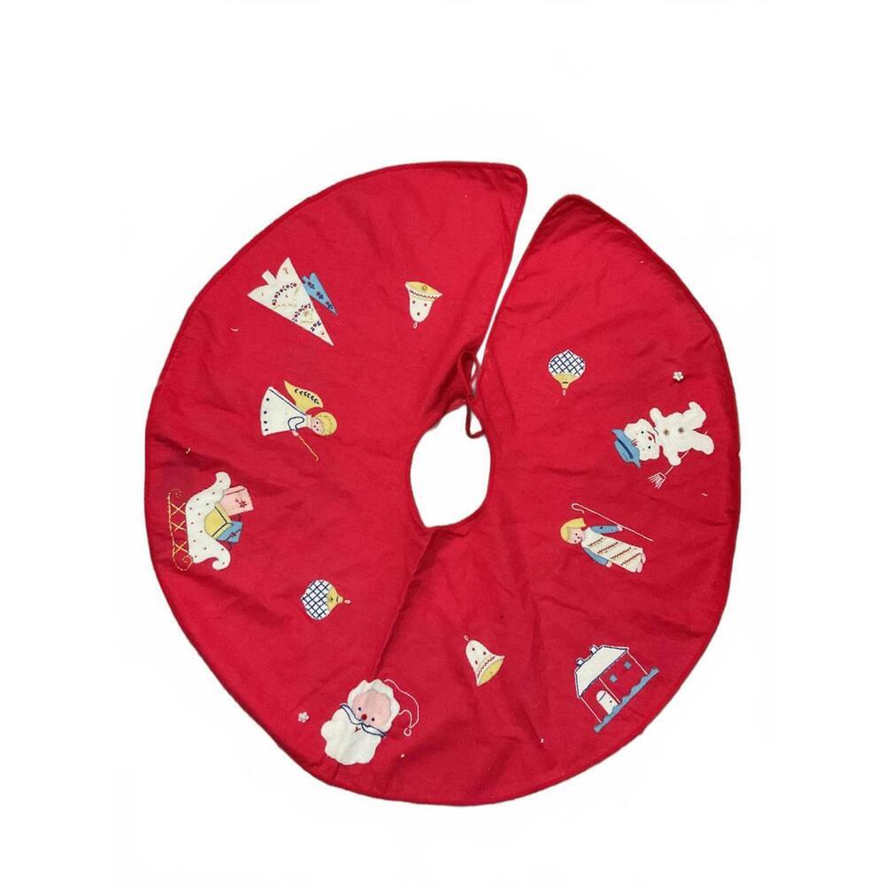 Vintage Red Christmas Tree Skirt with Holiday Embroidery - Picture 2 of 8
